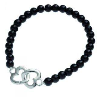Bracciale Elastico con Perle di Vetro Nero e Cuoricini