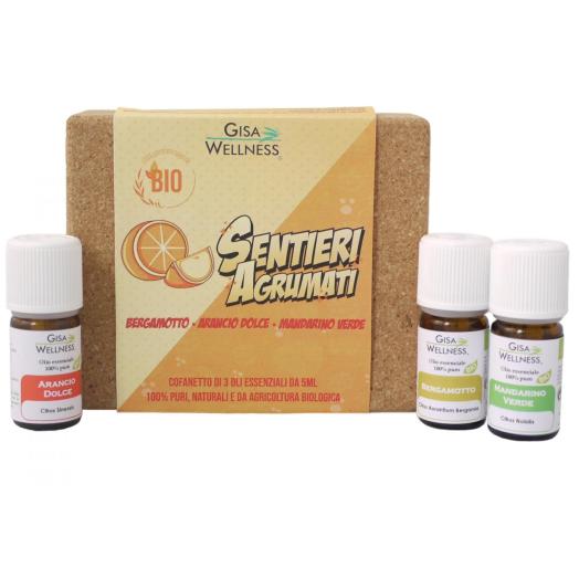 GIS092.02 - Cofanetto regalo in sughero con 3 oli essenziali da 5 ml.Sentieri Agrumati