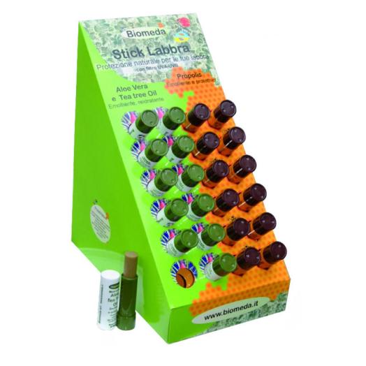 BIO902 - Espositore Stick Labbra Aloe  - Tea Tree 12 pz.+Stick Labbra Propoli 12 pz.