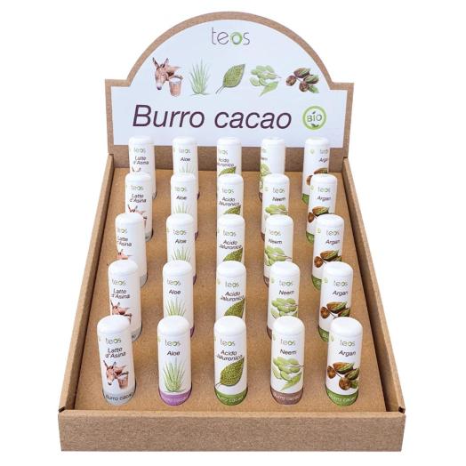 ROS040 - Espositore stick labbra Bio,Latte Asina,Aloe,Jaluronico,Neem,Argan da 5 ml 25 pz