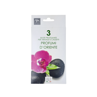 Confezione da cm.20x10 con 3 buste profumatissime per cassetto gusto Profumi d'oriente