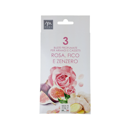 MER19871 - Confezione da cm.20x10 con 3 buste profumatissime per cassetto gusto Fico Rosa e Zenzero