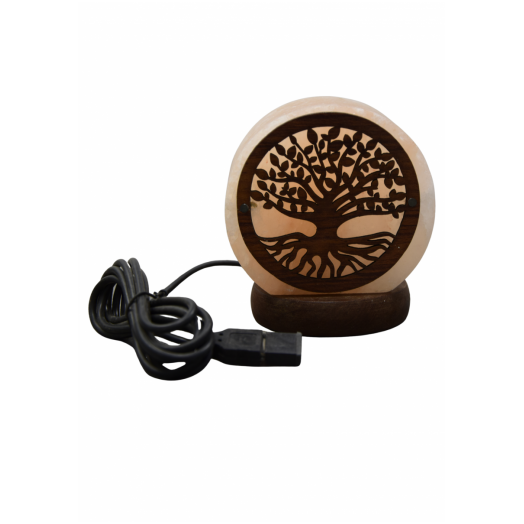FOR011 - Lampada di Sale tonda Albero della Vita con USB alta 9,5 cm.