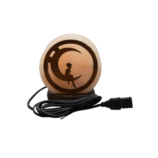 FOR012 - Lampada di Sale tonda Sogni nella Luna con USB alta 9,5 cm.