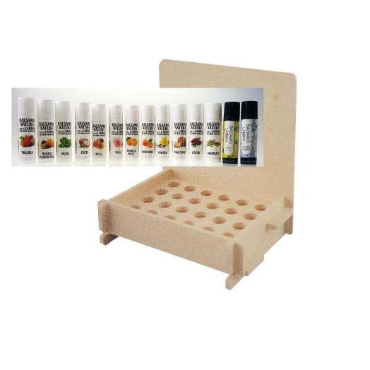 TNL047.31 - espositore da banco in legno con 24 buchi per stick labbra completo di 56 stick labbra 4 x tipo