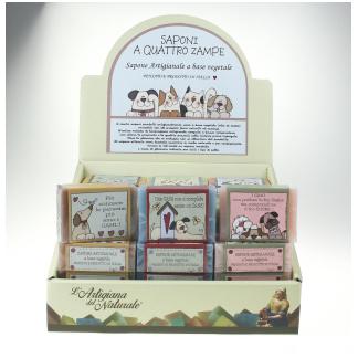 Espositore da 48 saponette per umani con frasi sui cani da 100 ml.