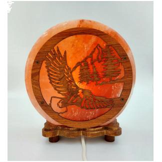 Lampada di Sale Tonda con base  legno "Aquila" diam.cm. 22 larg. cm.8 Peso kg.5